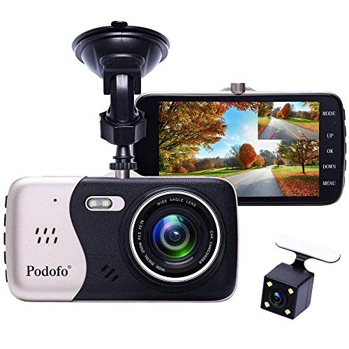 Podofo Dash Cam, Dual Car Cam Front and Rear, Full HD 1080P Car DVR Dashboard Camera Driving Recorder, 720p Rear View Backup Camera 170° Wide Angle 4.0