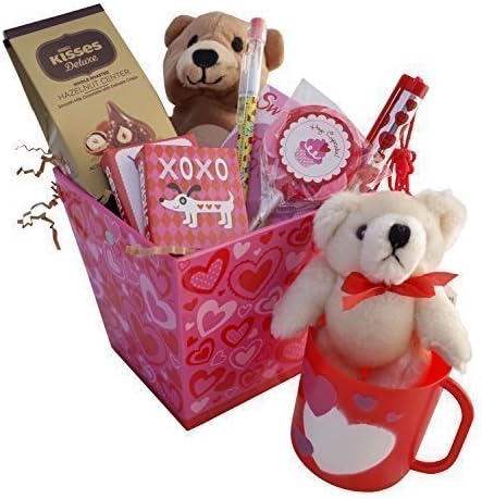 Valentine Basket Filled With Plush Bears, Plastic Mug, Sweethearts, Chocolate Kisses, Stickers, Pen, Pencil, Bubbles and Lollipop Bundle