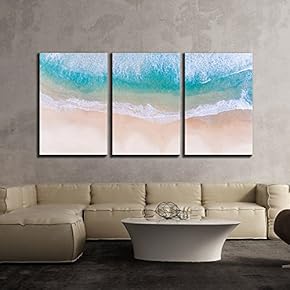 3 Piece Canvas Wall Art - Tropical Beach with White Sand and Clear Waves - Modern Home Art Stretched and Framed Ready to Hang - 16"x24"x3 Panels