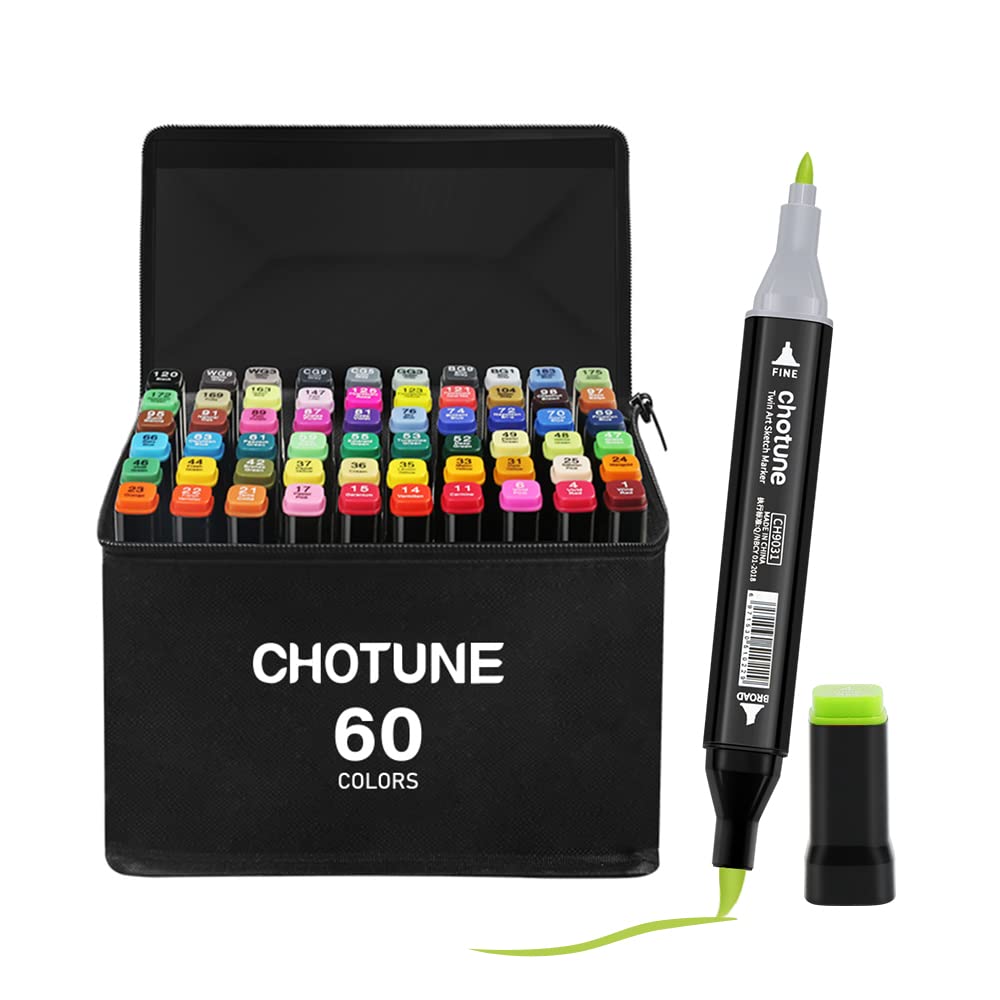 CHOTUNE Alcohol Markers Set, 60 Colors Soft Tip Permanent Marker Pen, Quick Drying, Easy Mix for Sketching and Illustration with Black Handbag and Base — image 1