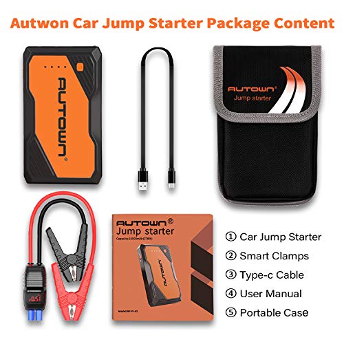 AUTOWN Jump Starter, 800A Peak 10000mAh Battery Jumper Starter with USB Quick Charge, 12V Auto Battery Booster, Portable Power Pack with Built-in LED Light, LCD Screen and Type-C Cable (Orange) - Thumbnail 6