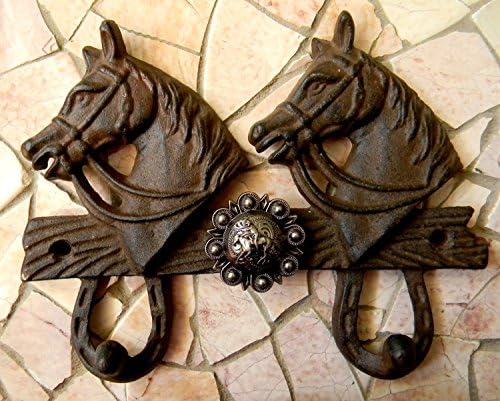 Cowboy Cast Iron Double Wall Hook, Horseback Riding, Horse Head Lucky Horseshoe Concho Animal Hook, Farmhouse Rustic Western Home Decor