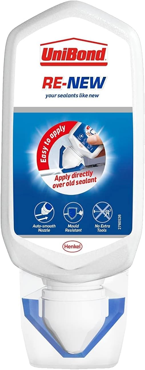 UniBond Re-New, White Silicone Sealant for Kitchen & Bath, One-Step Bathroom Sealant Renewal, Waterproof Kitchen Silicone with Triple Mould Resistance, 1 x 80ml