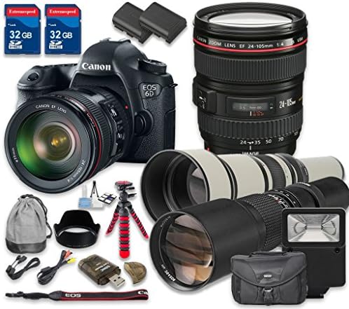 Canon EOS 6D Digital SLR Camera with Canon EF 24-105mm f/4L IS USM Lens + 500mm f/8 Telephoto T-Mount Lens + 650-1300mm f/8-16 T-Mount Lens - International Model
