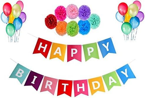 FiveQ Perfect Birthday Party Decoration Set of Multi Colored Banners & Pom Poms & Balloons