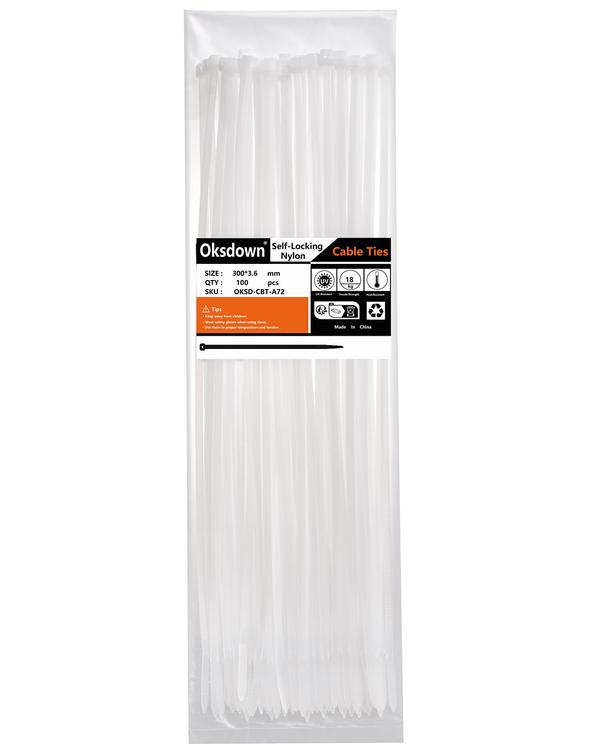 Oksdown 100 Pack White Plastic Cable Ties 300mm×3.6mm Heavy Duty Strong Nylon Premium Self Locking 12 inch/30 cm Long Zip Tie Wraps