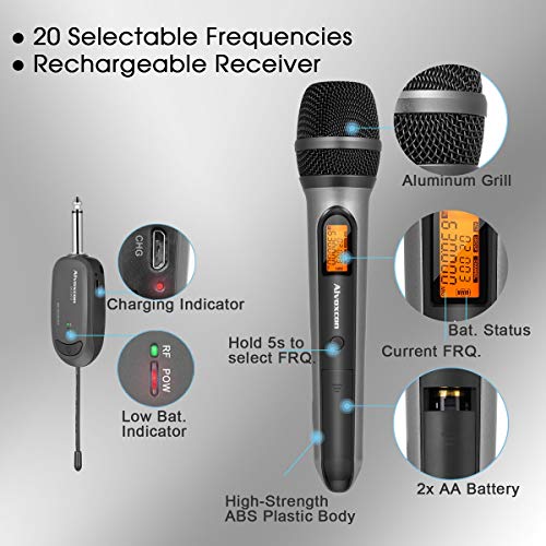 Wireless Microphone System, Alvoxcon Dual UHF Dynamic Handheld mic for iPhone, Computer, Karaoke, Conference, DJ, Vocal Recording, Singing, Church, On Stage Performance, Party Events (1/4 inch Plug) - Thumbnail 3