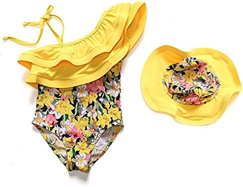 Tueenhuge Girls One-shoulder Flower Print Swimwear with Hat One Piece Baby Girls Swimsuits