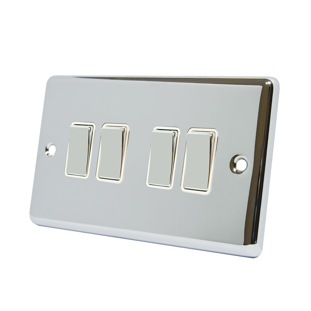 AET CPC4GSWIWC 4 Gang 2 Way 10 A Classical Chrome Polished White Insert Metal Rocker Light Switch