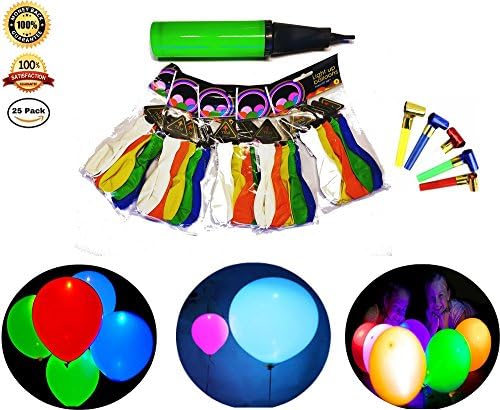 Ballo Latex Led Light Up Balloons with Inflator and 5 Party Blowers (25 Mixed Color)