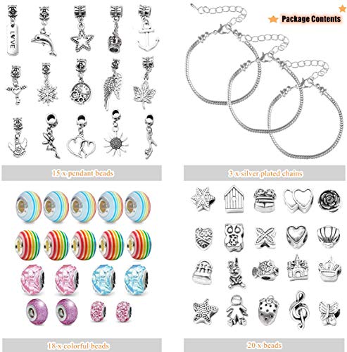 Bracelet Making Kit, 56pcs DIY Jewelry Making Kit with 3pc Silver Plated Bracelets Chains - Charm Bracelets for Girls Teen Kids, Great Christmas Birthday Welcome Handmade Craft Gift