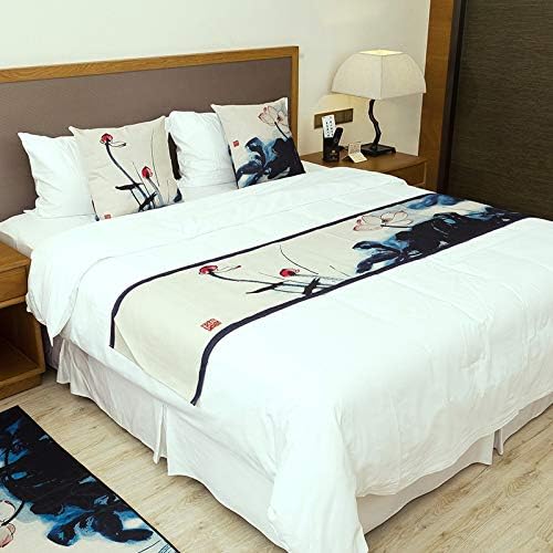 Bed Runner Bed Scarf Tea Cloth Zen Bed Flag Bed Scarf Chinese National Wind Cotton and Linen Tea Tablecloth Guqin Tea Tablecloth Table Flag, Ink Lotus Bed Linen, 240X43cm (1.8m Bed)