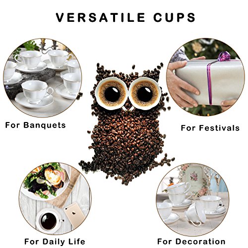 Ceramic Coffee Tea Cup and Saucer Set - 7OZ Cup Set Golden Leaves Edge New Bone China Coffee Cup Set of 4 for Mocha Latte Cappuccino - Thumbnail 4