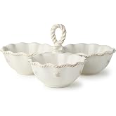 Certified International Heritage 3 Section Stoneware Condiment Server with Handle &ndash; Divided 8oz Bowls, 9.25" x 9" x 4.75" &ndash; Elegant Ivory Dish with Embossed Details, Ideal for Dips, Nuts &amp; Snacks