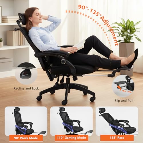 Ergonomic Office Chair,350lbs Heavy Duty Chair with Adjustable Lumbar Support & Headrest, 90-135° Recline Lock, Footrest, Buttock-Care Cushion, Breathable Mesh Computer Gaming Chair for Home Office