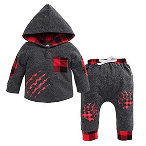 Haokaini 2Stks/set Pasgeboren Baby Jongens Beer Paw Rood Grid Hooded Grijs Outfits Kleding voor Baby