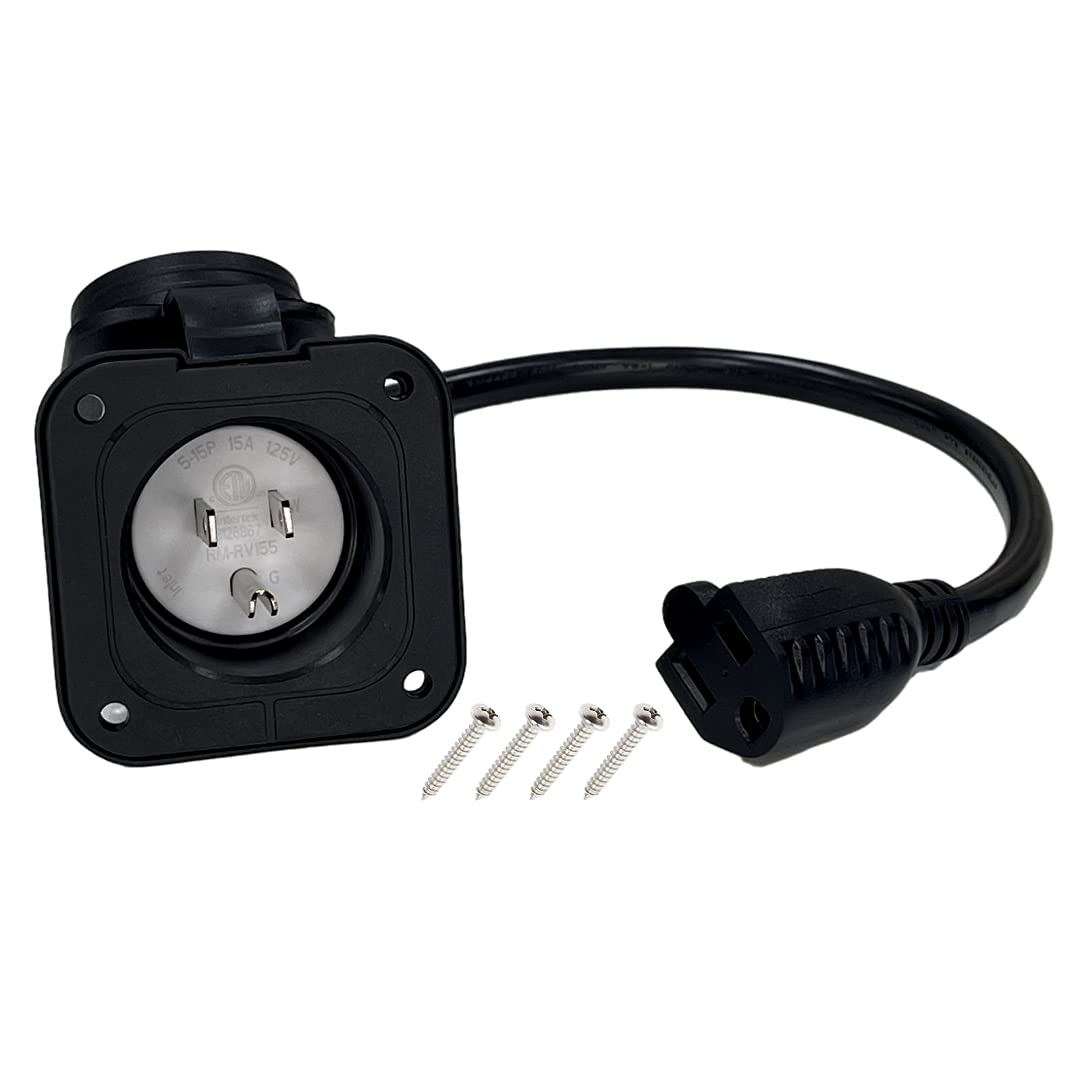 Photo 1 of Sintron 15 Amp 125V AC Power Inlet Port Plug with Integrated 16" Extension Cord, NEMA 5-15 Flanged Inlet, ETL Listed, Weatherproof Cover Recessed Male Outlet, Straight Blade 2 Pole 3 Wire for RV Truck