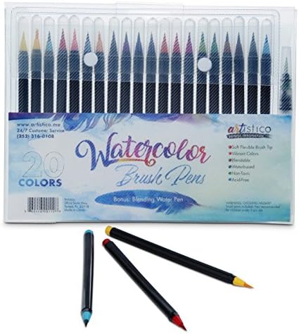 Watercolor Brush Pens - 20 Premium Color Paint Marker Set + Art Blending Pen - Real Brush Tip for Professional Artists, Adult Coloring, Calligraphy, Sketching, Lettering, Painting - Safe for Kids