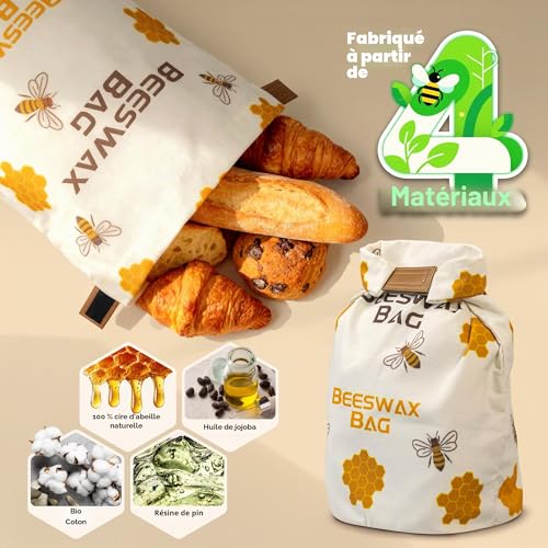 Reusable Beeswax Bread Bags 43cm x 33cm, Natural Beeswax Coated Cotton Storage Bags for Homemade Bread and Pastry with Buckle Closure (1PCS)