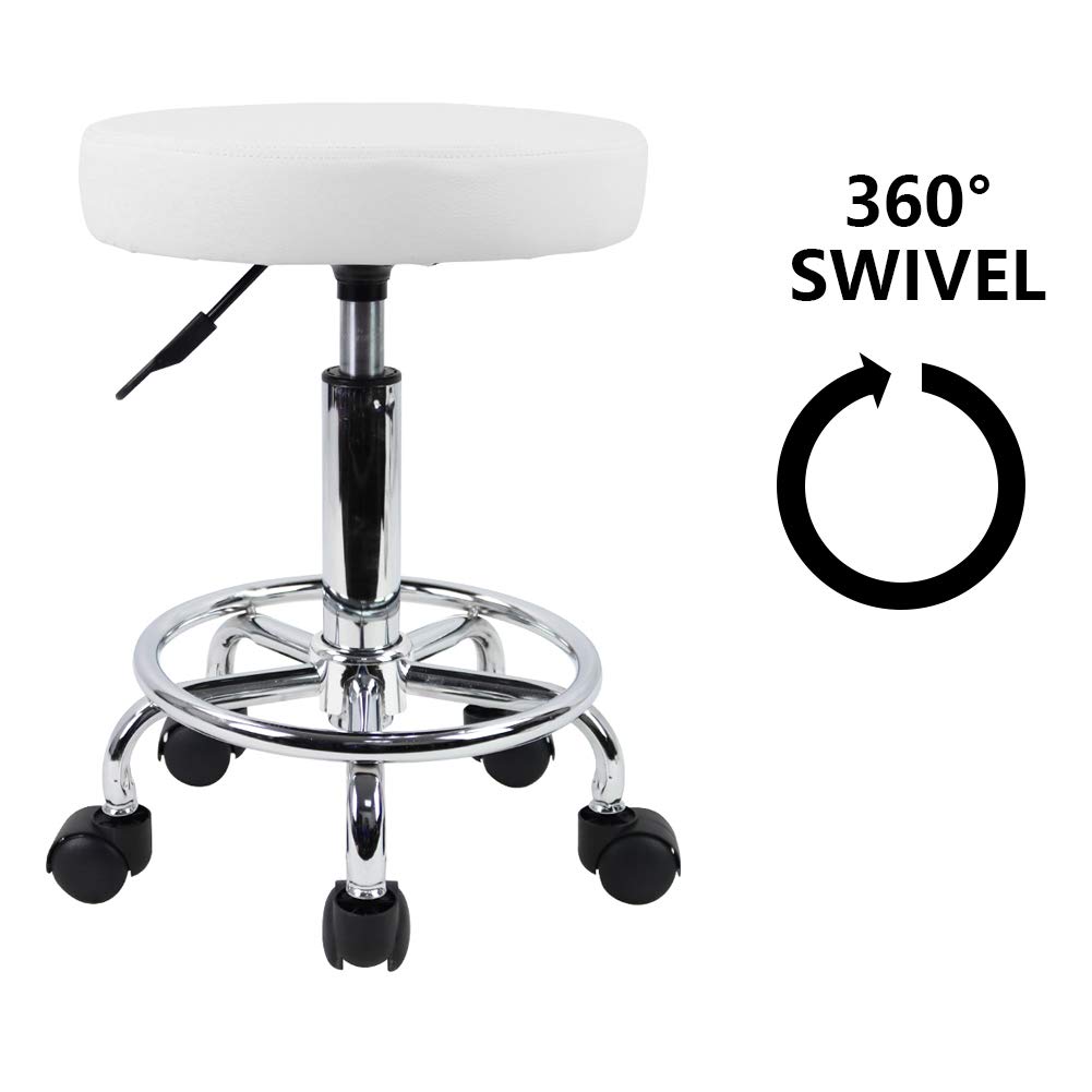 KKTONER PU Leather Round Rolling Stool with Foot Rest Swivel Height Adjustment Medical Spa Drafting Salon Tattoo Work Office Massage Stools Task Chair White Small (White): Furniture & Decor