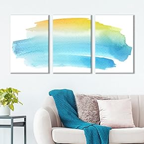 3 Panel Canvas Wall Art - Sunrise Beachday Blue Yellow Seamless Watercolor Art - Giclee Print Gallery Wrap Modern Home Art Ready to Hang - 16"x24" x 3 Panels