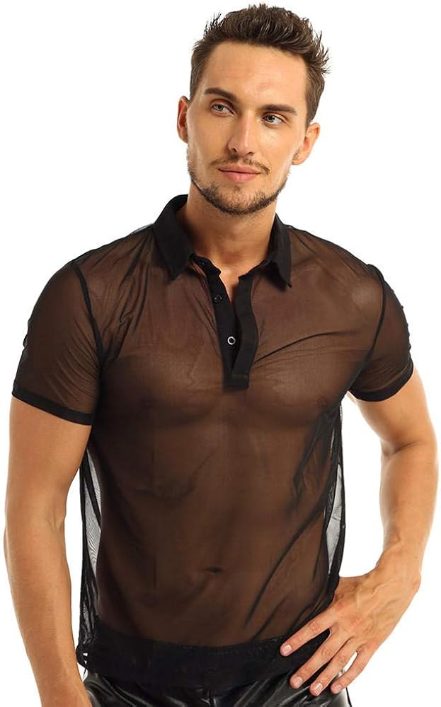 KHDFYER Latex Mens Short Sleeves TurnDown Collar Thin Mesh SeeThrough