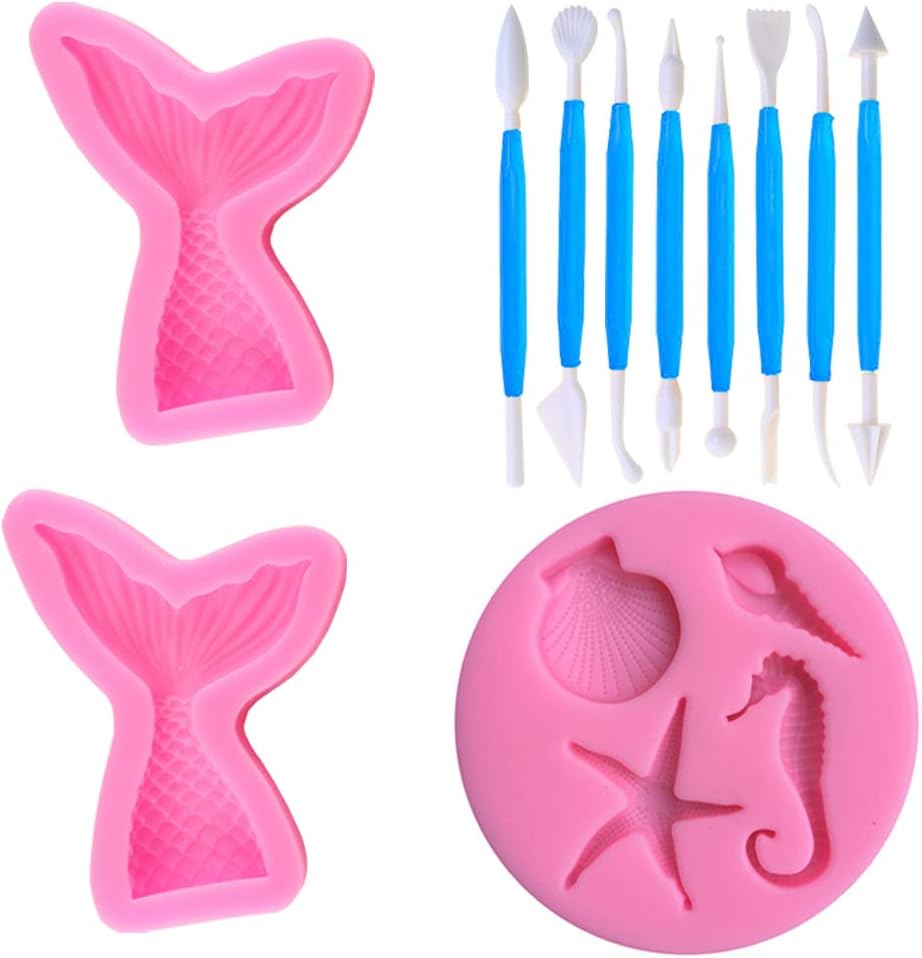 Seashell, Mermaid Tail Molds and Fondant Decorating Hand Tool, SourceTon 4 PCS Silicone Fondant Molds, Free Bonus with 8 PCS Blue Fondant Kits for Decorating Cakes, Chocolate, Candy, etc.
