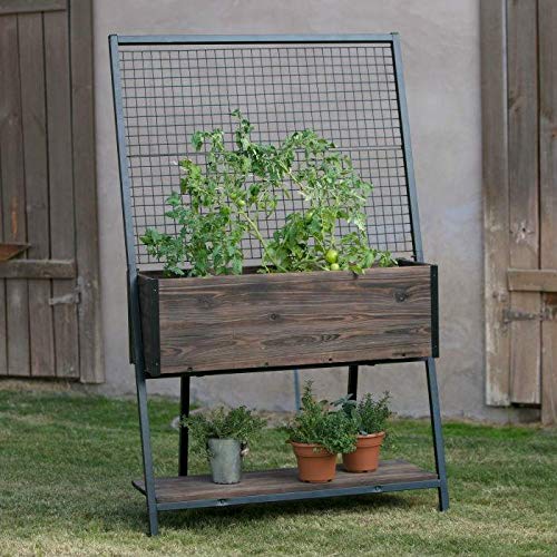 StarSun Depot Large Dark Wood Raised Planter with Black Steel Trellis