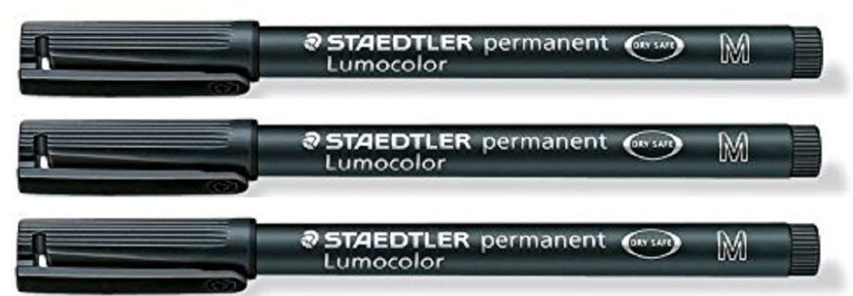 Staedtler Lumocolor Black Medium Permanent Marker Pens Pack of 3 Waterproof Smudge Resistant Quick Dry CD DVD OHP