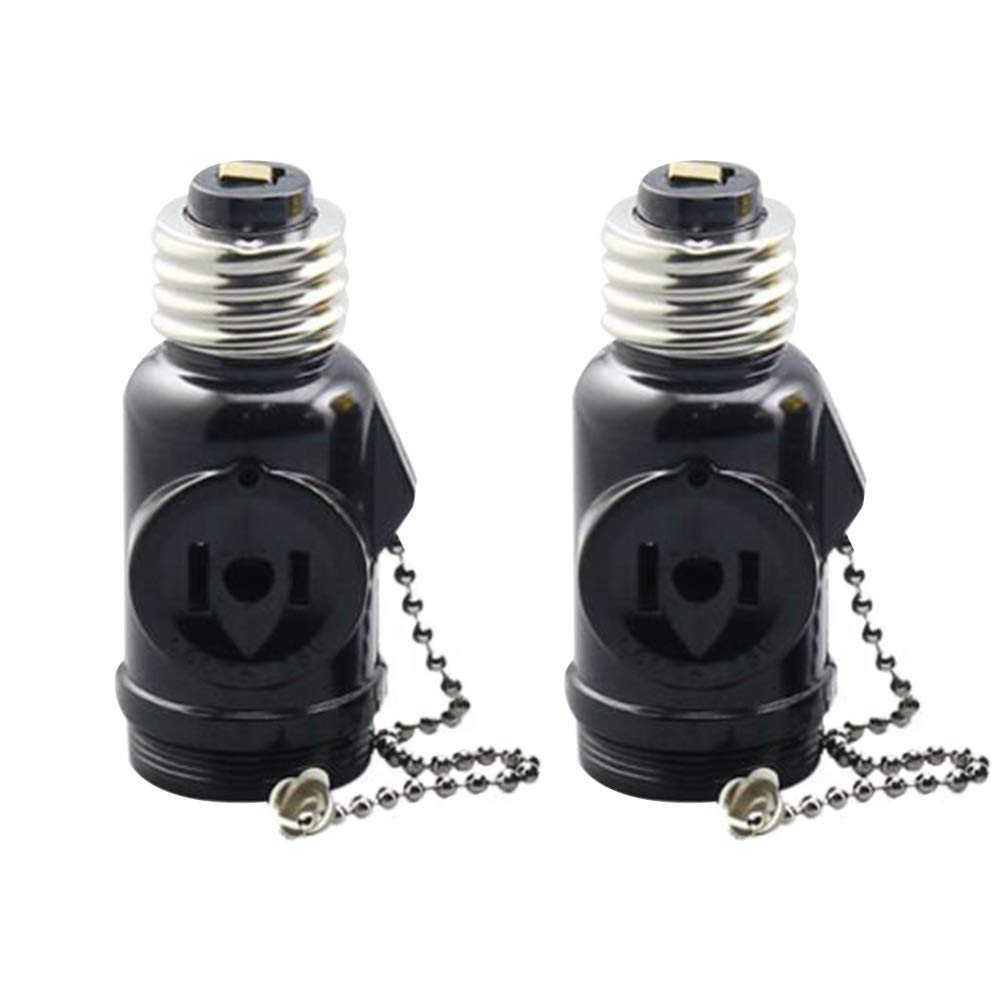 2 Pcs 2 Outlets Light Socket Adapter Light Pull Chain Adapter E26 Bulb Socket to Outlet Splitter with Pull Chain