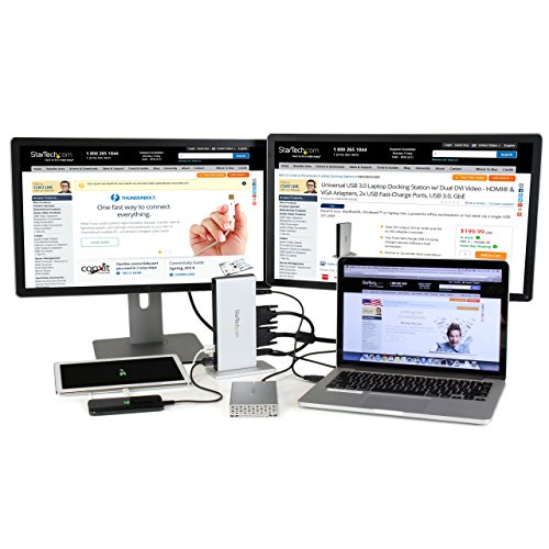 StarTech.com USB Docking Station - Universal USB 3.0 Dock - Dual DVI Monitor with HDMI and VGA Adapters - Ethernet/USB Hub/Audio