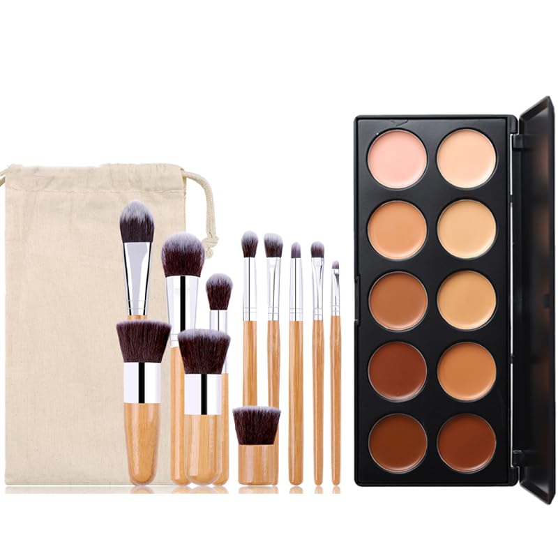 Professional Makeup Cream Contour Palette, MKNZOME 10 Colours Concearler Full Coverage & Makeup Brush Set Contour Concearler Palette Contouring Face Make Up Gift for Women Girls