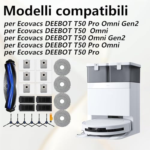 Homruich di Accessori da 21 Pezzi per Ecovacs Deboot T50 Pro Omni/T50 Omni Aspiratore Pezzo di Ricambio, 1 Spazzola Principale, 4 Filtri, 4 Asciugamani, 6 Sacchetti di Polvere, 6 Spazzole Laterali