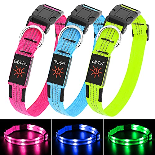 PZRLit LED Dog Collar Light-USB Rechargeable, Adjustable Nylon Webbing Light Up Dog Collars Super Bright, Safety Reflective Puppy Collar, Water Resistant Ｇlow in the Ｄark Pet Collars-Blue, Large