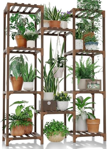 Soporte para Plantas Estantería para Plantas de Exterior e Interior Estante para Colgar Varias Plantas, Jardinera Alta de Madera para Salón, Patio, Balcón, Jardín, Marrón