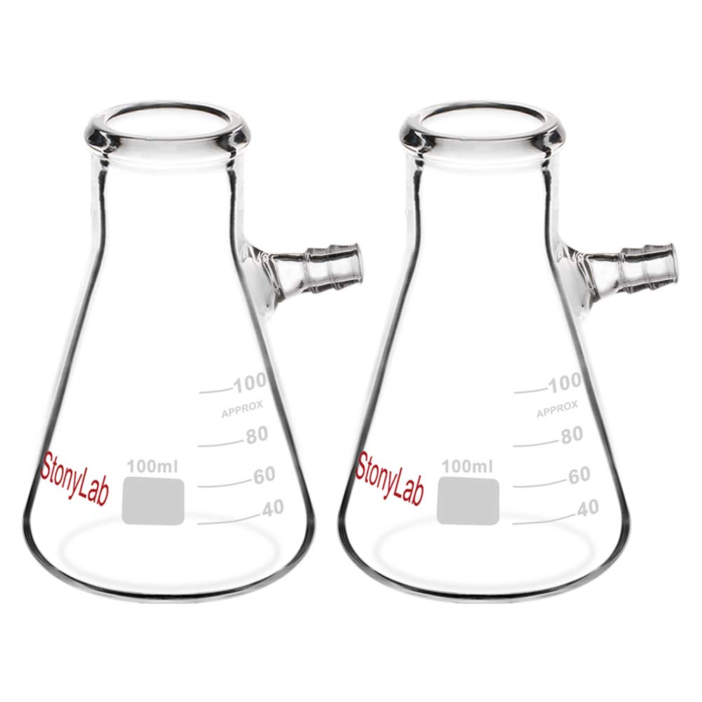 StonyLab 100ml Borosilicate Glass Filtering Flask, Bolt Neck with Tubulation, 2 Pack