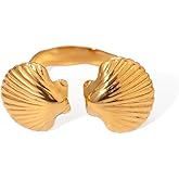 Chunky Gold-Tone Shell Statement Open Rings for Women Stainless Steel Delicate Seashell Adjustable Beach Ocean Minimalist Wrap Finger Ring Comfort Fit Boho Summer Party Outfits Fashion Jewelry Accessories