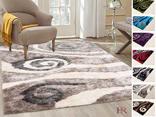 Handcraft Rugs-Shag Rug Super Shiny and Super Soft Wave Contemporary Modern Design Ivory/Silver Grey/Mocha(Approximately 5 ft by 7 ft)