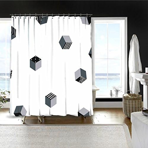 Wasserrhythm White Black and Grey Charcoal Decor Shower Curtains Illustration Of Geometric Figure Cube Artptrint 3D Vision Decorative Home, Living Room Bedroom Decor 72x72 inches