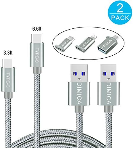USB Type C Cable, 2 Pack (6.6ftx1, 3.3ftx1) Type C Cable with 56k Ohm Pull-up Resistor Nylon Braided Long Fast Charging Cord for LG G6 G5, Galaxy S8/S8 Plus, Macbook 12, Google Pixel XL More,Grey
