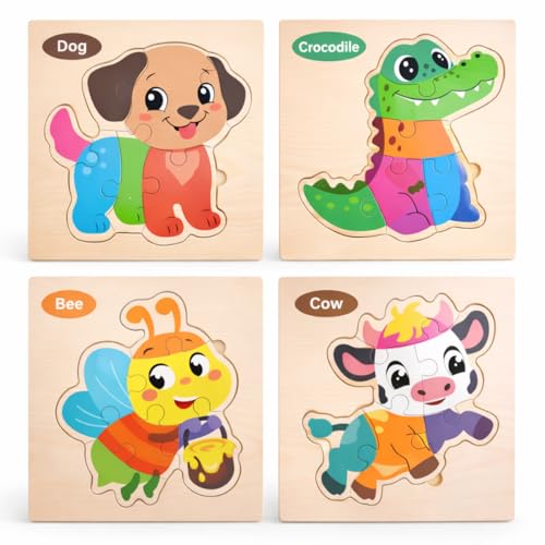 Kit 4 Quebra-Cabeças de Madeira Infantil Montessori | Brinquedo Educativo de Encaixe com Animais | Coordenação Motora e Aprendizado para Crianças 2 a 4 Anos (ANIMAIS)