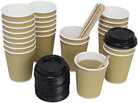 QuaCity Set of 50 Insulated Disposable Ripple Cups 8 Oz with Black Lids and Wood Stirrers - Perfect for Hot and Cold Beverages - No Soaking or Smells - Take To Go (Brown)