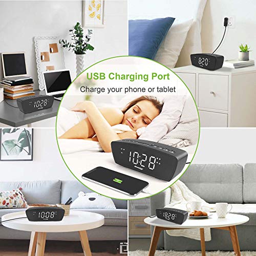 REACHER Simple Dual Alarm Clock with Adjustable Volume for Bedrooms - Large Numbers LED Display with USB Phone Charging Port, Dimmer, Snooze, Easy Operation for Desk Shelf Bedside(Black) - Thumbnail 6