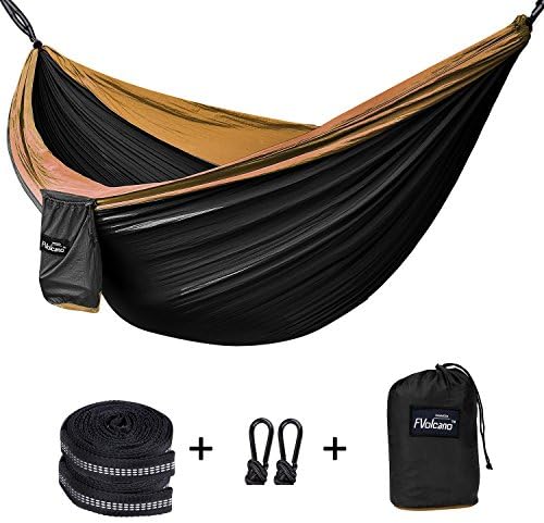 Double Camping Hammock, Fvolcano Premium Outdoor Hammock Ultralight Parachute Nylon w/ Solid Steel Carabiners, Nautical-Grade Rope for Backpacking, Beach, Backyard, Travel, Adventures – Black+Brown