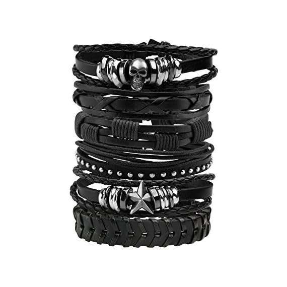 MILAKOO-6-Pcs-Leather-Bracelet-Black-Brown-Braided-Wide-Wristband-Women-Men-Punk-Jewelry-Skull