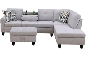 UOCFYK L-Shaped 3-Piece Flannel Sofa with Ottoman, Sectional Couch Set for Living Room, Office, Apartment, with Cup Holder, Grey White