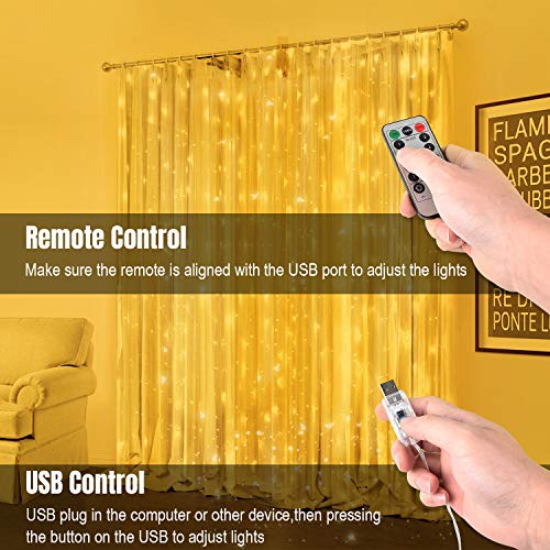 LightsEtc Curtain Light 300 LED Window Curtain String Lights with Remote Timer USB Powered Bedroom Curtain Lights for Party Wedding Home Garden Outdoor Indoor Wall Decoration, Warm White, 9.8 x 9.8 ft