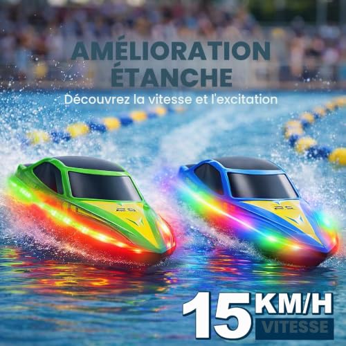 RC RC Boats 2 Pack 7 Modes LED 15km/h Speed 2.4GHz Remote Control Self Straightening Battery & Range Alerts 4 Rechargeable Batteries Pool & Lake Gift Boys Girls Gift