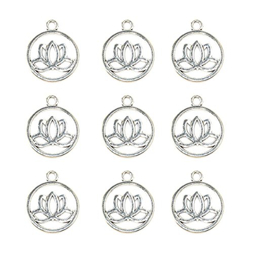 Craftdady 10Pcs Antique Silver Filigree Lotus Flower Pendants Tibetan Vintage Hollow Flat Round Dangle Charms 24x20mm for Jewelry Making Hole: 2.3mm