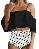 Holipick Women 2 Piece Ruffled Flounce Off Shoulder Tankini Top with Polka Dot Bottoms Swimsuits Set
